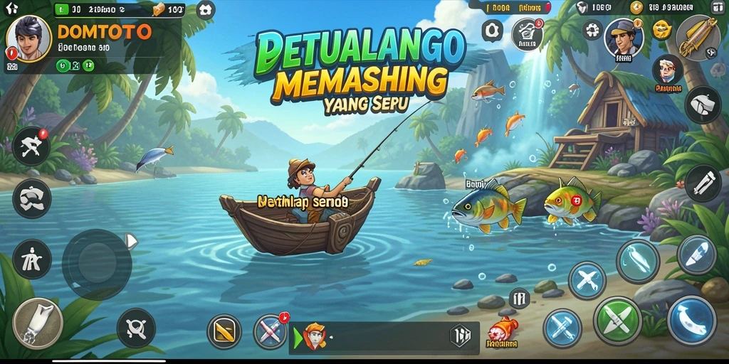 Screenshot gameplay DOMTOTO menampilkan aksi seru memancing di laut.