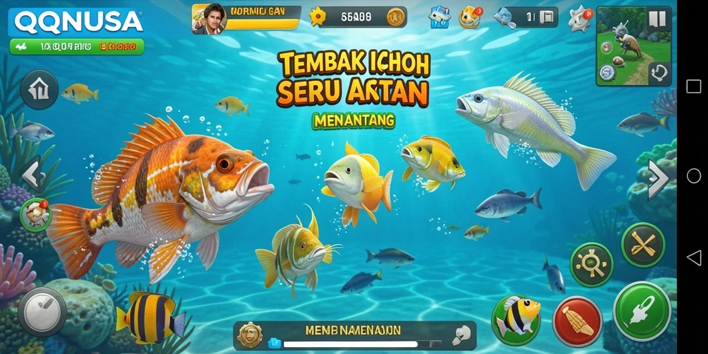 Screenshot utama QQNUSA menampilkan aksi seru menangkap ikan.
