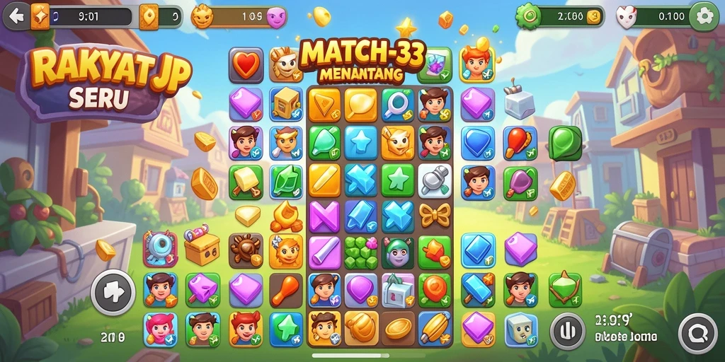 Screenshot utama RAKYATJP menampilkan aksi mencocokkan batu permata.