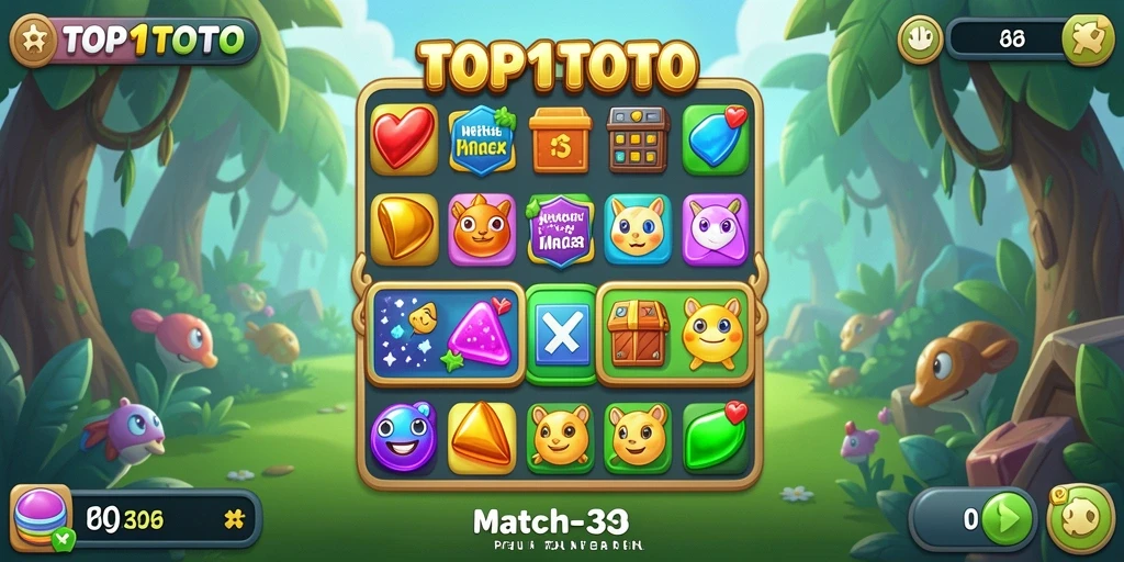 Screenshot gameplay TOP1TOTO dengan elemen Match-3 yang berwarna-warni.