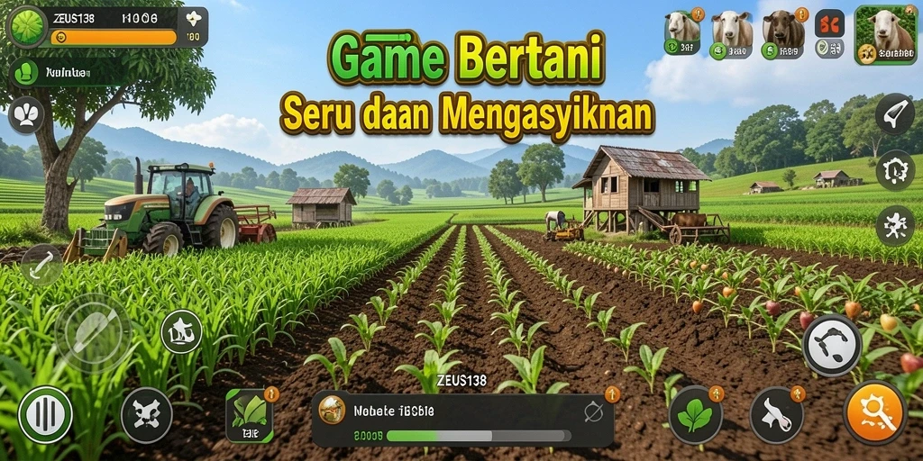Screenshot gameplay <strong>ZEUS138</strong> menampilkan kebun yang rimbun dan hewan ternak.