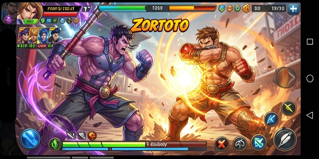 Screenshot utama ZORTOTO menunjukkan duel mendebarkan antara karakter bertarung.